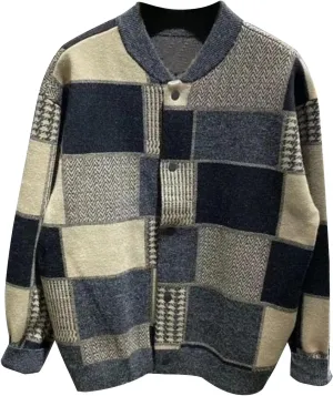 Plaid Cardigan Sweater Men Plus Size Button Down Sweater Vintage Stand Collar Sweaters Casual Open Front Sweaters