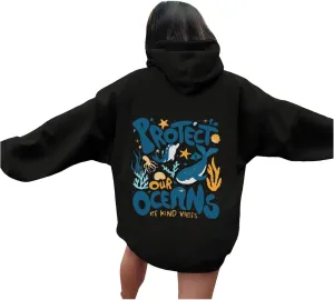 Protect Our Ocean Women Sea Animal Graphic Hoodies Oversized Long Sleeve Pullover Tunic Blouse Tops Outfits with Pocket
