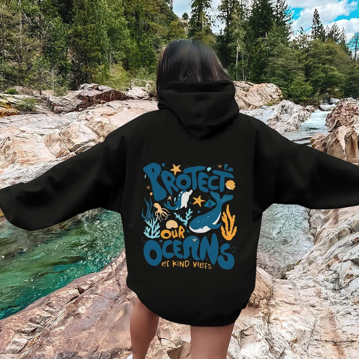 Protect Our Ocean Women Sea Animal Graphic Hoodies Oversized Long Sleeve Pullover Tunic Blouse Tops Outfits with Pocket