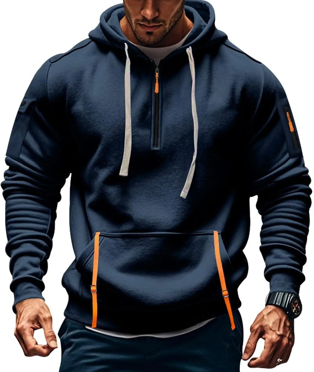 Quarter Zip Pullover Men Long Sleeve Workout Drawstring Hoodie Vintage Tactical Jacket Camo Sweater Winter Coats