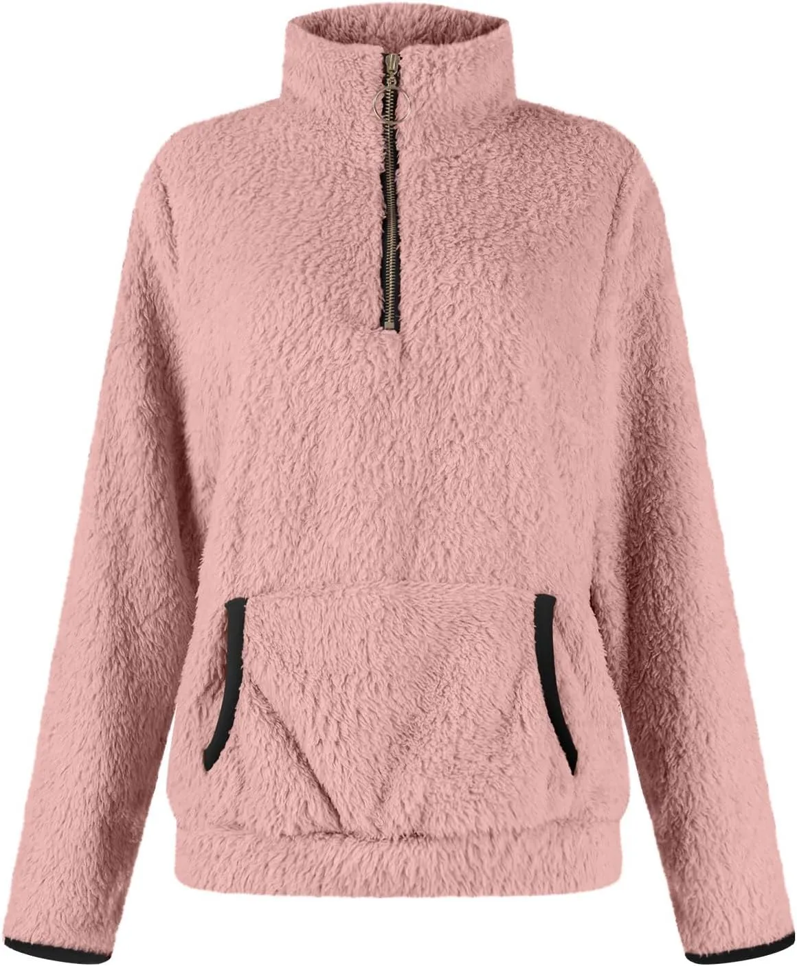Quarter Zip Pullover Women Sherpa Fleece Hoodie Cropped Half Zip Sweatshirt with Pocket Cozy Soft Fluffy Sweaters