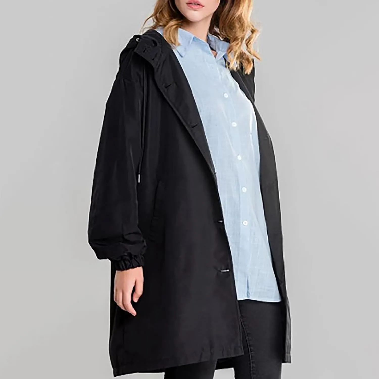 QWENTMTNTY Plus Size Trench Coats for Women Winter Trendy Long Trenchcoat with Hood Casual Oversized Single Breased Pea Coats