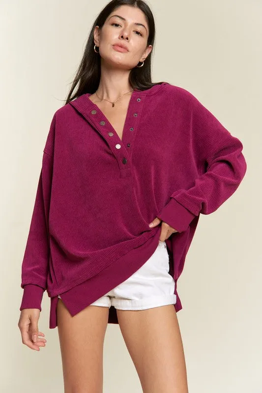 Ribbed Knit Hooded Sweatshirt with Button Detail