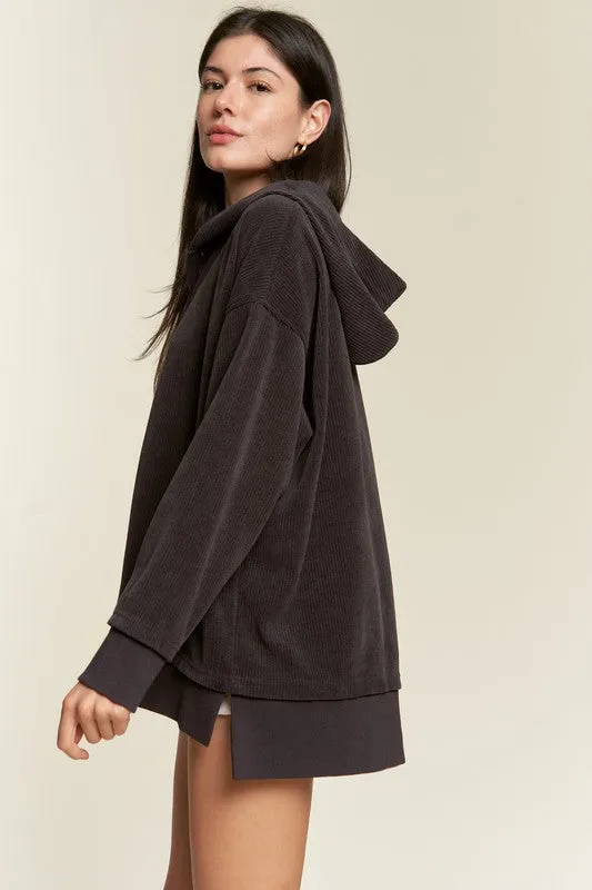 Ribbed Knit Hooded Sweatshirt with Button Detail