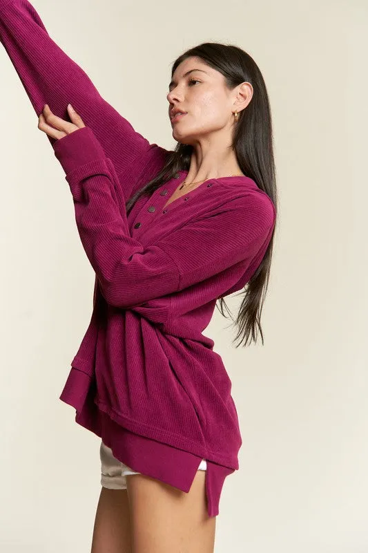 Ribbed Knit Hooded Sweatshirt with Button Detail