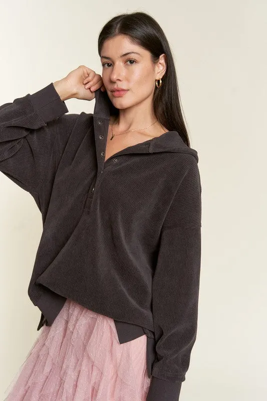 Ribbed Knit Hooded Sweatshirt with Button Detail