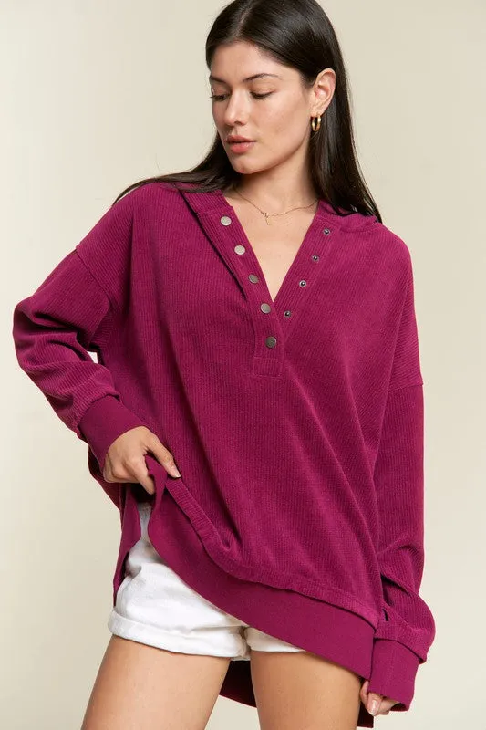 Ribbed Knit Hooded Sweatshirt with Button Detail