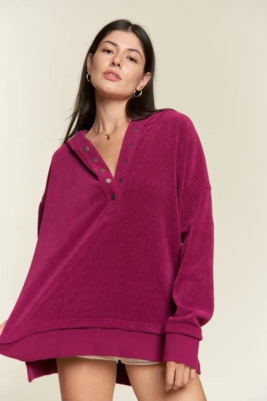Ribbed Knit Hooded Sweatshirt with Button Detail