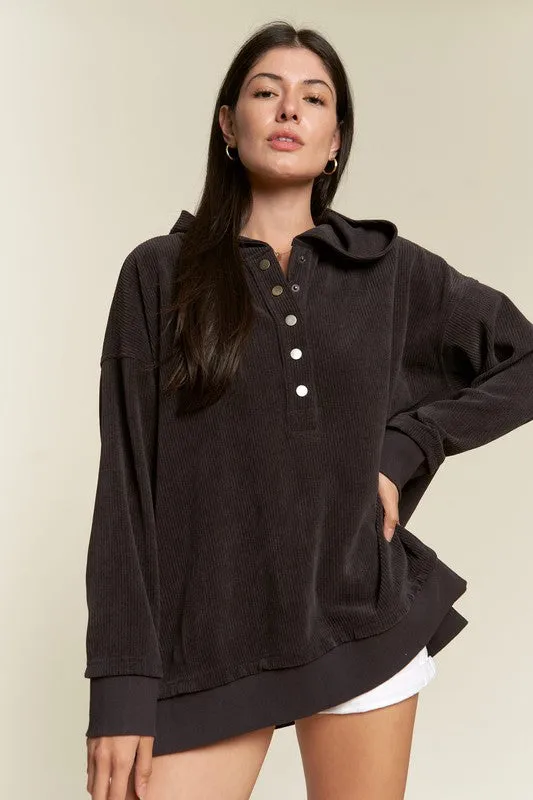 Ribbed Knit Hooded Sweatshirt with Button Detail