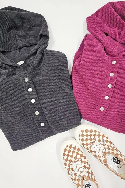 Ribbed Knit Hooded Sweatshirt with Button Detail