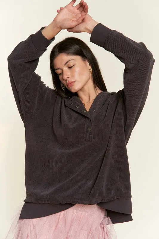 Ribbed Knit Hooded Sweatshirt with Button Detail