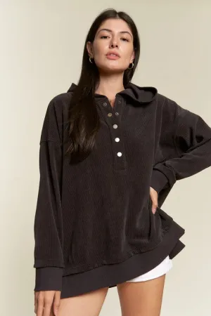 Ribbed Knit Hooded Sweatshirt with Button Detail