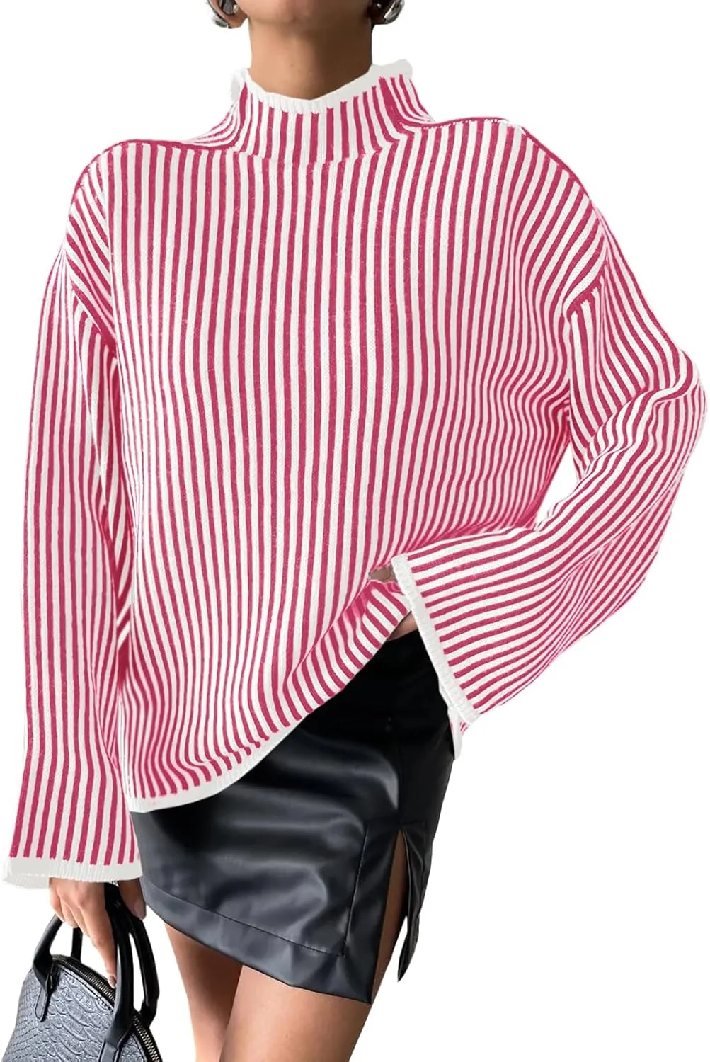 Saodimallsu Womens Striped Sweater Oversized Mock Neck Long Sleeve Trendy Drop Shoulder Pullover Tops