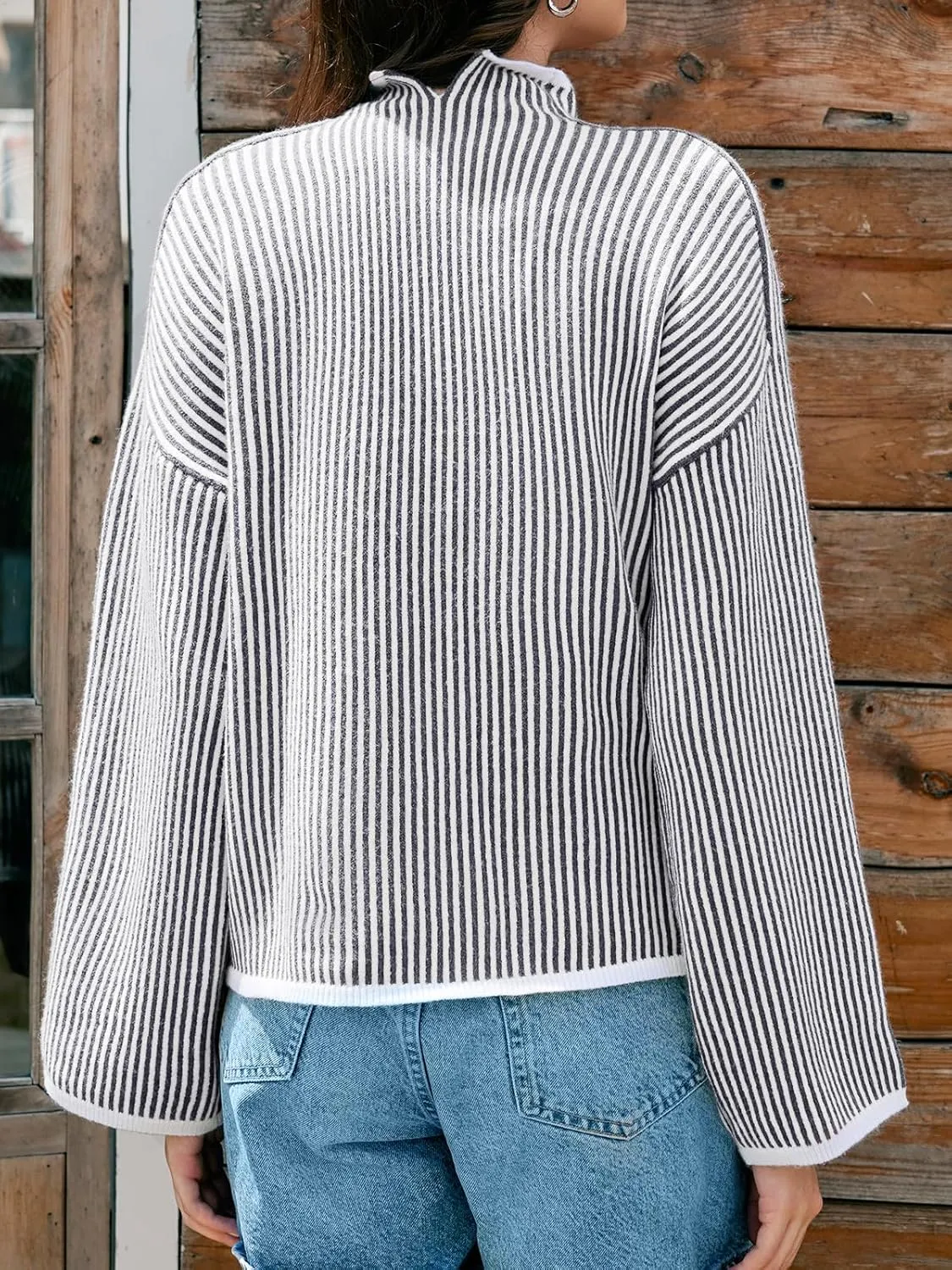 Saodimallsu Womens Striped Sweater Oversized Mock Neck Long Sleeve Trendy Drop Shoulder Pullover Tops