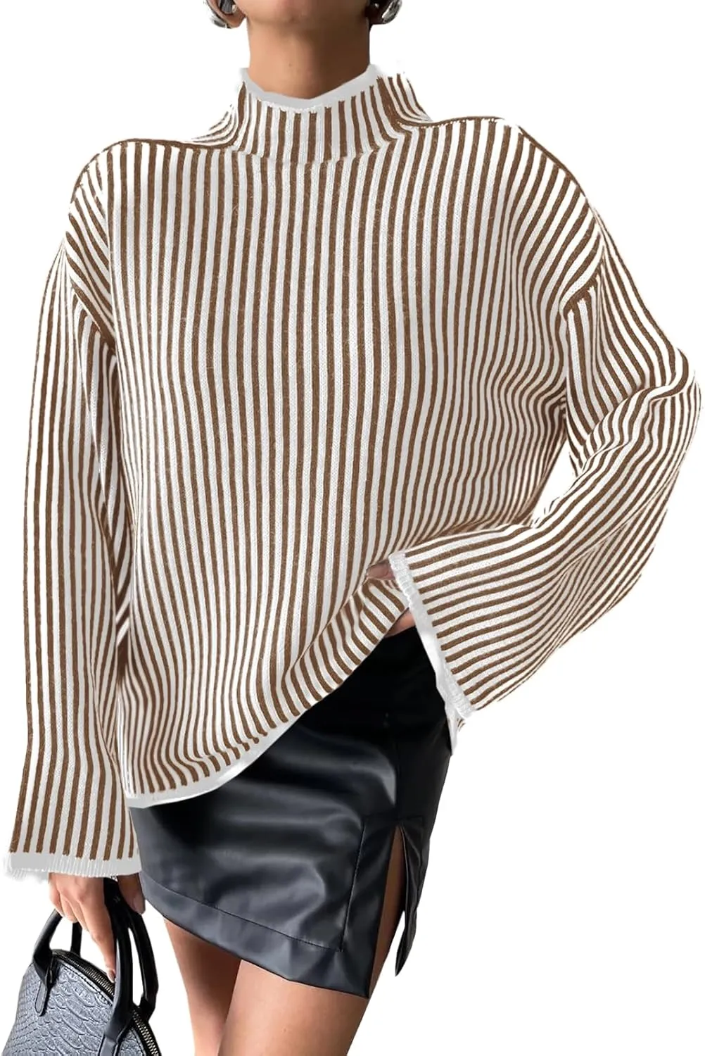 Saodimallsu Womens Striped Sweater Oversized Mock Neck Long Sleeve Trendy Drop Shoulder Pullover Tops