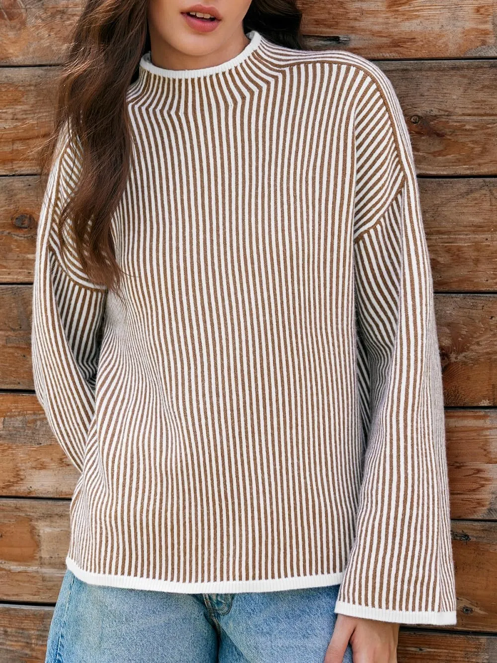 Saodimallsu Womens Striped Sweater Oversized Mock Neck Long Sleeve Trendy Drop Shoulder Pullover Tops