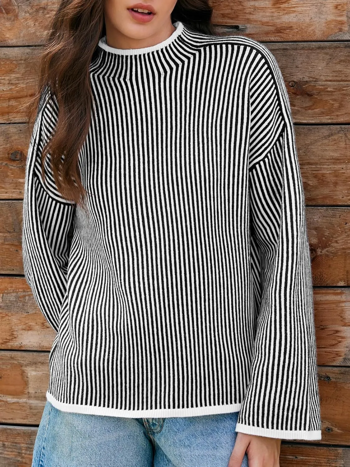 Saodimallsu Womens Striped Sweater Oversized Mock Neck Long Sleeve Trendy Drop Shoulder Pullover Tops