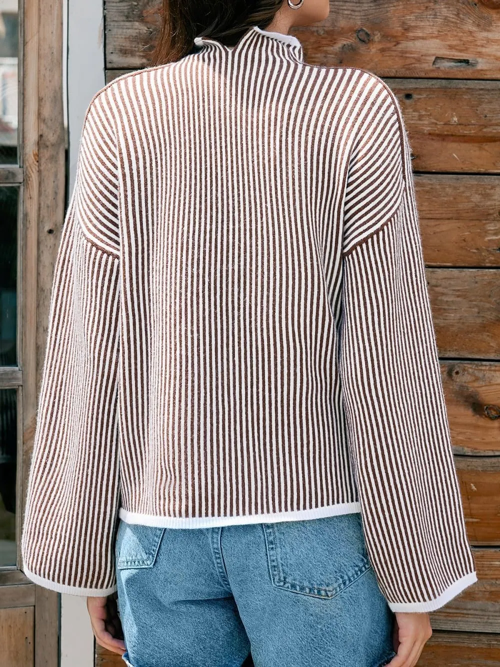 Saodimallsu Womens Striped Sweater Oversized Mock Neck Long Sleeve Trendy Drop Shoulder Pullover Tops