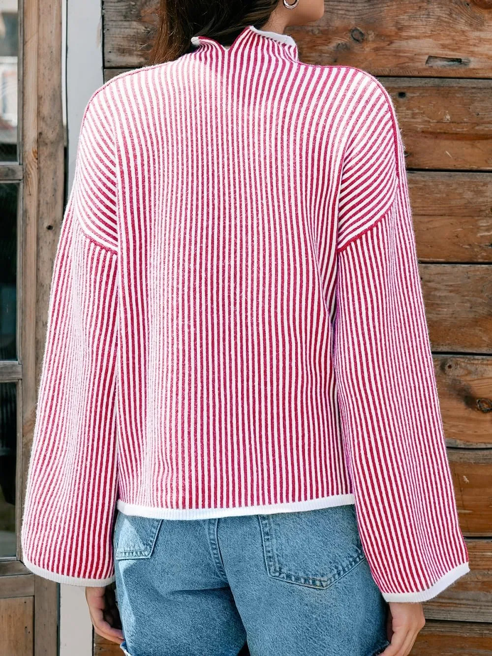 Saodimallsu Womens Striped Sweater Oversized Mock Neck Long Sleeve Trendy Drop Shoulder Pullover Tops