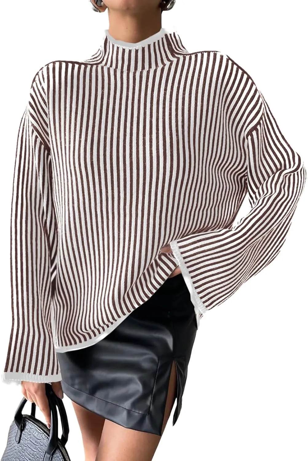 Saodimallsu Womens Striped Sweater Oversized Mock Neck Long Sleeve Trendy Drop Shoulder Pullover Tops