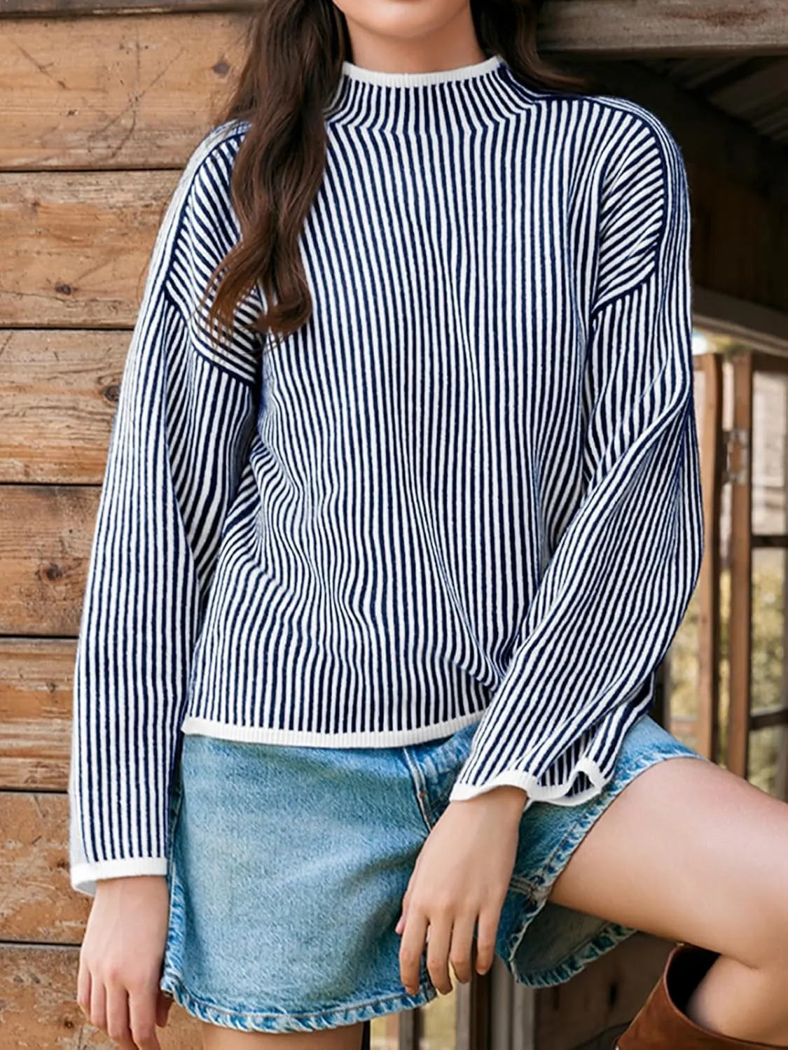 Saodimallsu Womens Striped Sweater Oversized Mock Neck Long Sleeve Trendy Drop Shoulder Pullover Tops