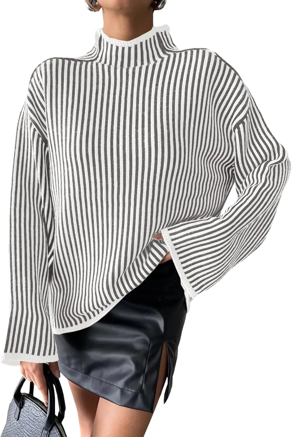 Saodimallsu Womens Striped Sweater Oversized Mock Neck Long Sleeve Trendy Drop Shoulder Pullover Tops