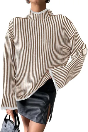 Saodimallsu Womens Striped Sweater Oversized Mock Neck Long Sleeve Trendy Drop Shoulder Pullover Tops