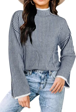 Saodimallsu Womens Striped Sweater Oversized Mock Neck Long Sleeve Trendy Drop Shoulder Pullover Tops
