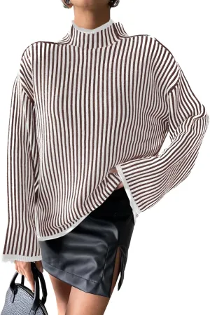 Saodimallsu Womens Striped Sweater Oversized Mock Neck Long Sleeve Trendy Drop Shoulder Pullover Tops