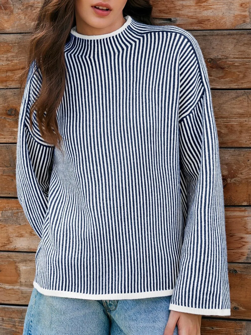 Saodimallsu Womens Striped Sweater Oversized Mock Neck Long Sleeve Trendy Drop Shoulder Pullover Tops