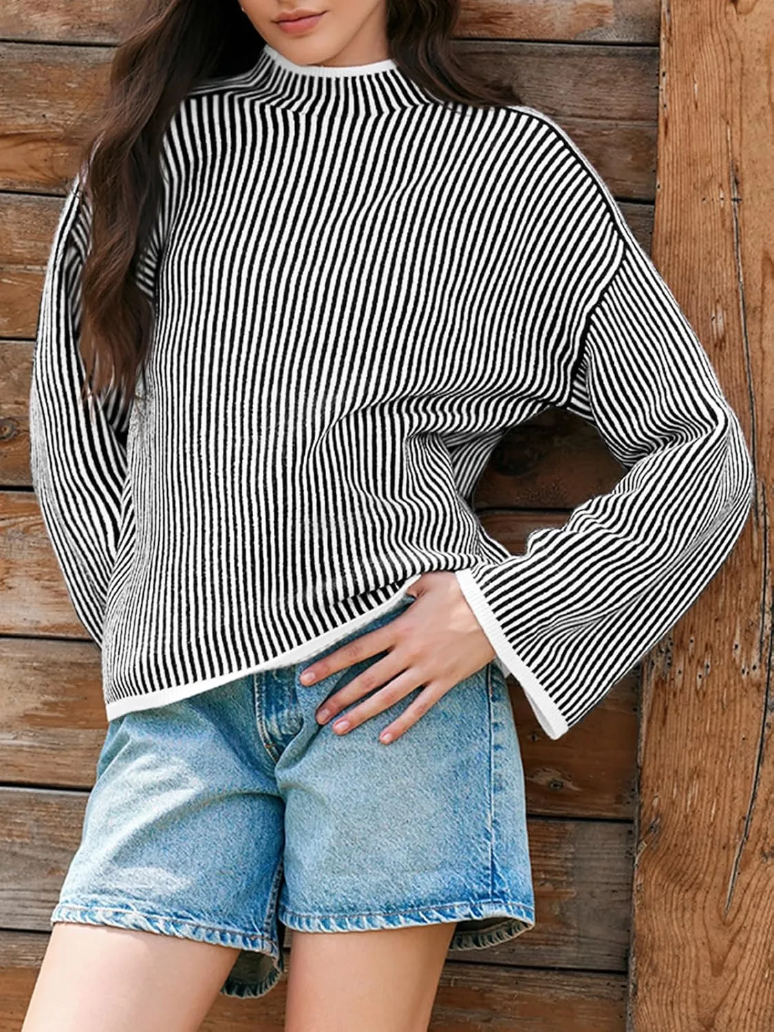 Saodimallsu Womens Striped Sweater Oversized Mock Neck Long Sleeve Trendy Drop Shoulder Pullover Tops