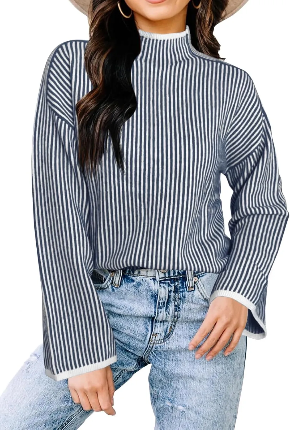 Saodimallsu Womens Striped Sweater Oversized Mock Neck Long Sleeve Trendy Drop Shoulder Pullover Tops