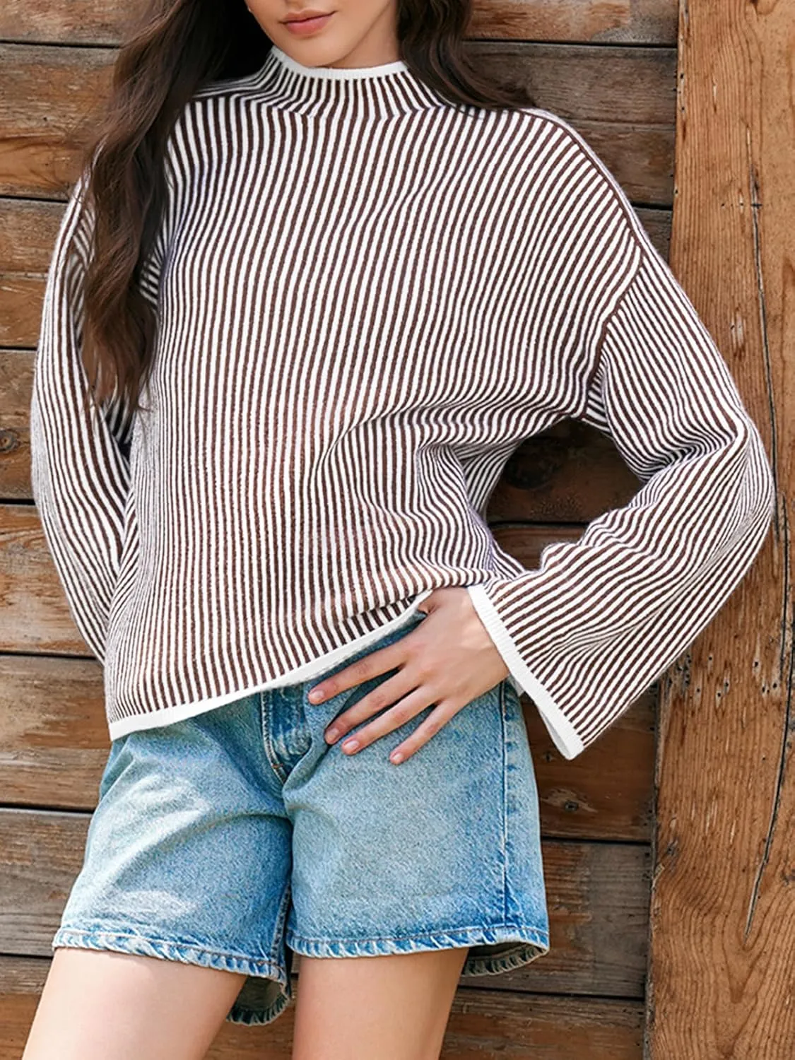 Saodimallsu Womens Striped Sweater Oversized Mock Neck Long Sleeve Trendy Drop Shoulder Pullover Tops