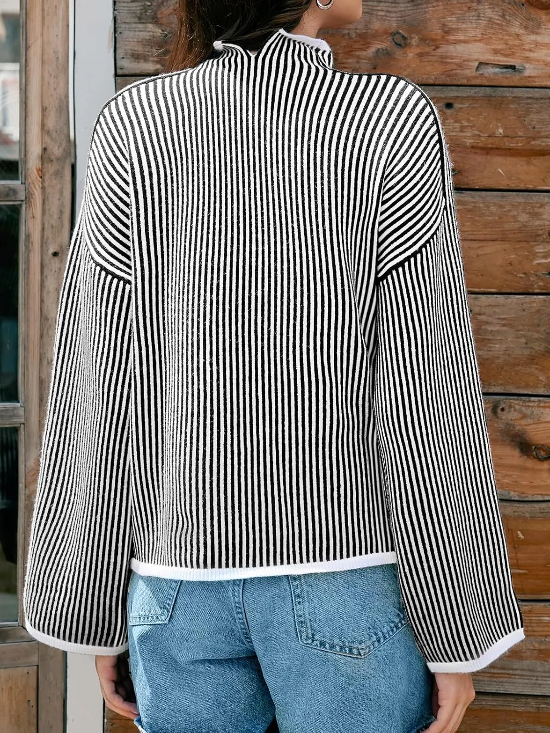 Saodimallsu Womens Striped Sweater Oversized Mock Neck Long Sleeve Trendy Drop Shoulder Pullover Tops