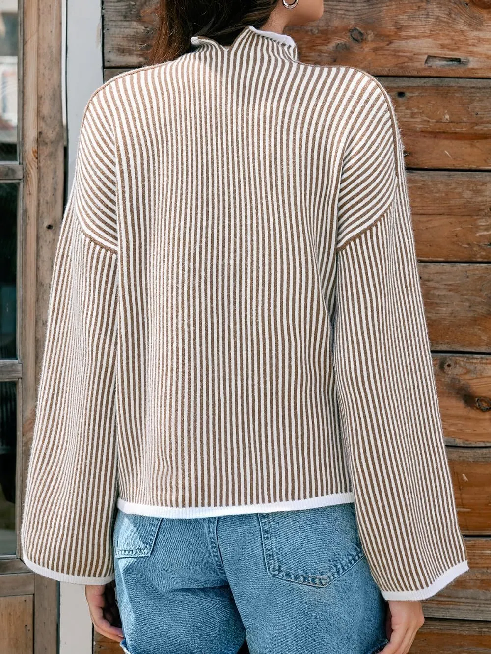Saodimallsu Womens Striped Sweater Oversized Mock Neck Long Sleeve Trendy Drop Shoulder Pullover Tops