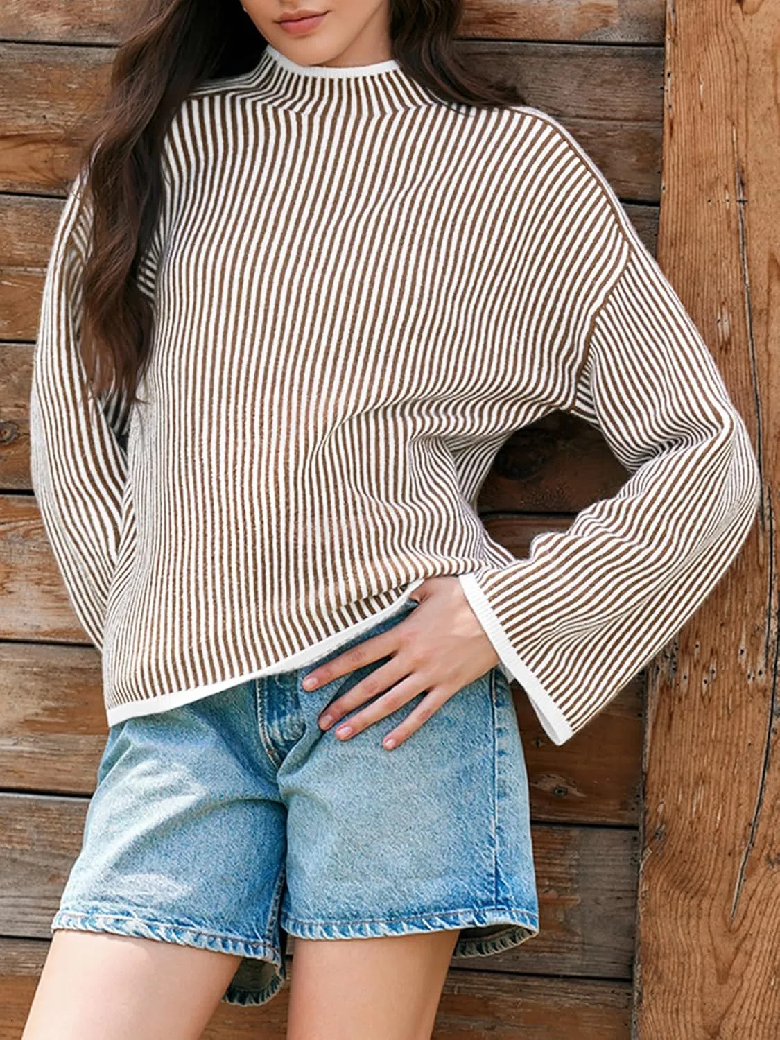 Saodimallsu Womens Striped Sweater Oversized Mock Neck Long Sleeve Trendy Drop Shoulder Pullover Tops