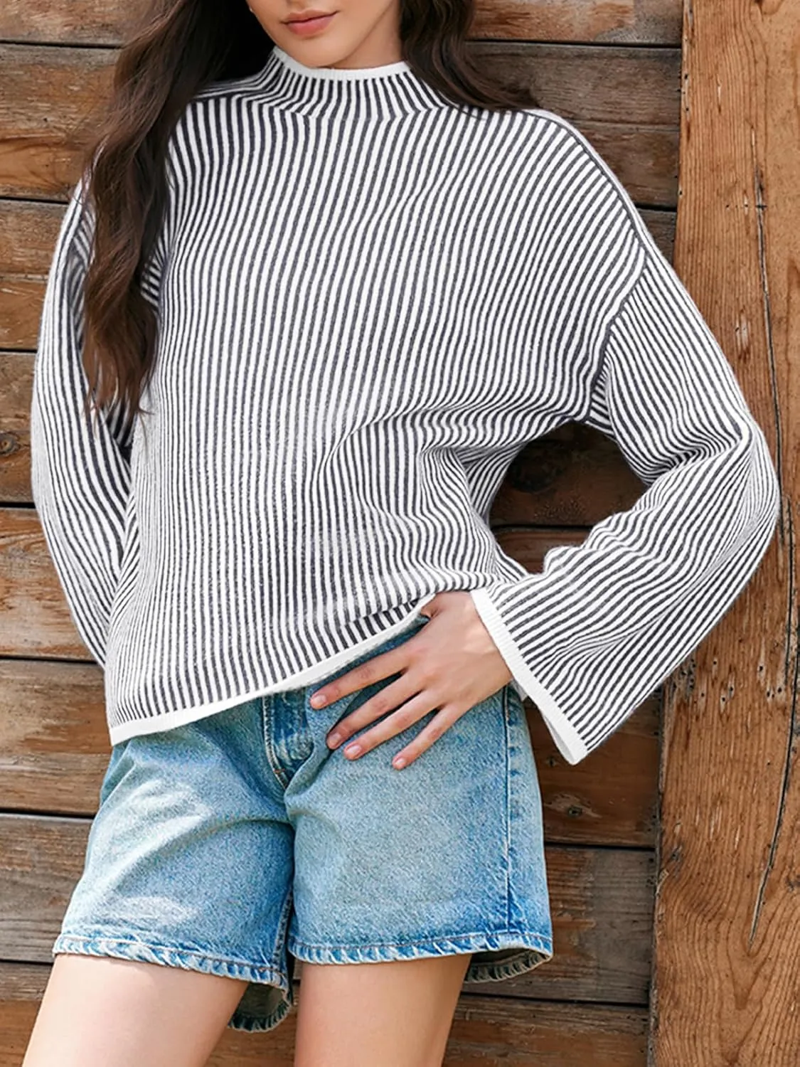 Saodimallsu Womens Striped Sweater Oversized Mock Neck Long Sleeve Trendy Drop Shoulder Pullover Tops