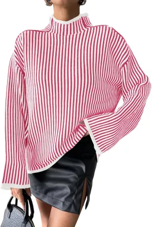 Saodimallsu Womens Striped Sweater Oversized Mock Neck Long Sleeve Trendy Drop Shoulder Pullover Tops