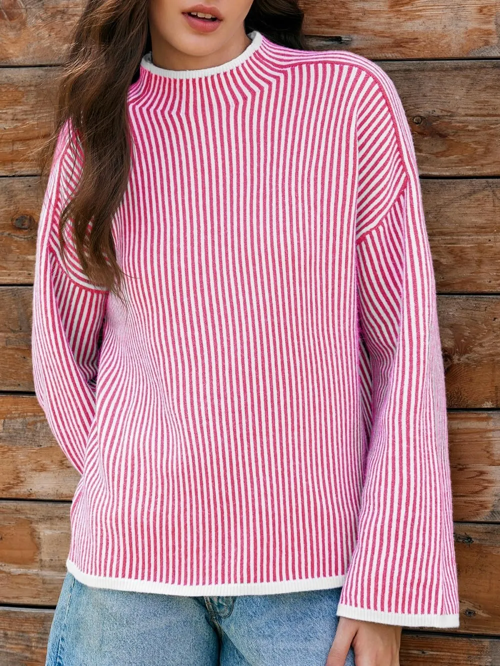 Saodimallsu Womens Striped Sweater Oversized Mock Neck Long Sleeve Trendy Drop Shoulder Pullover Tops