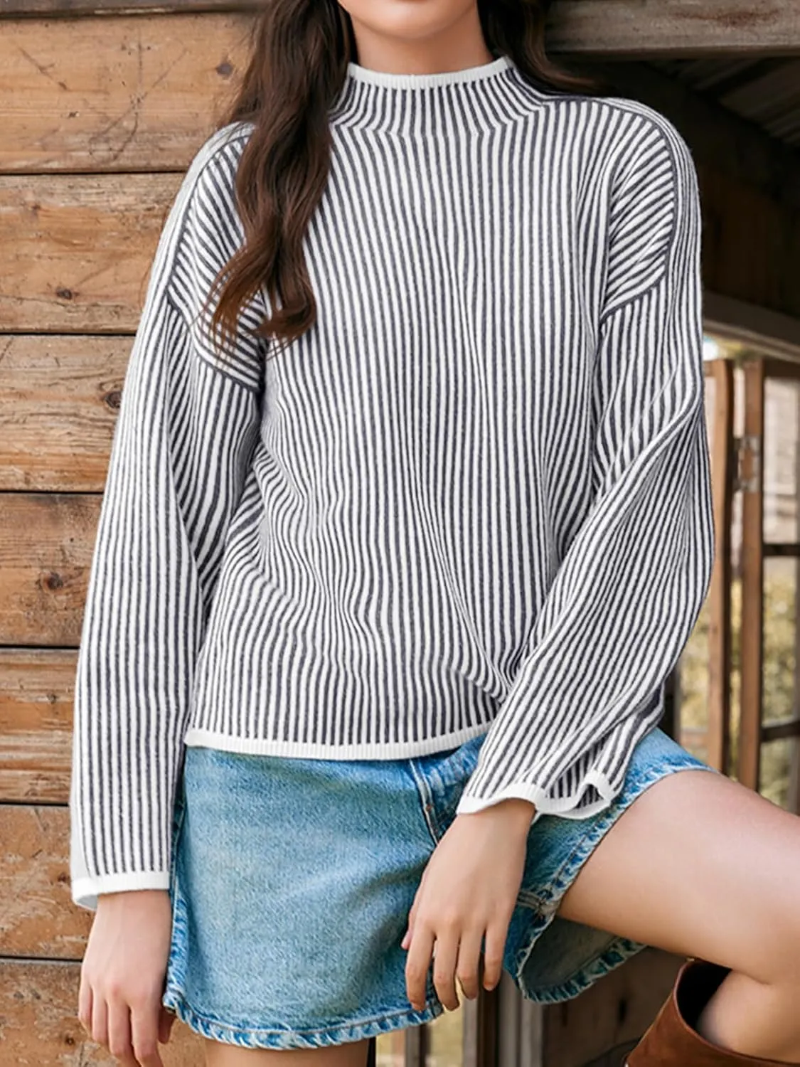Saodimallsu Womens Striped Sweater Oversized Mock Neck Long Sleeve Trendy Drop Shoulder Pullover Tops