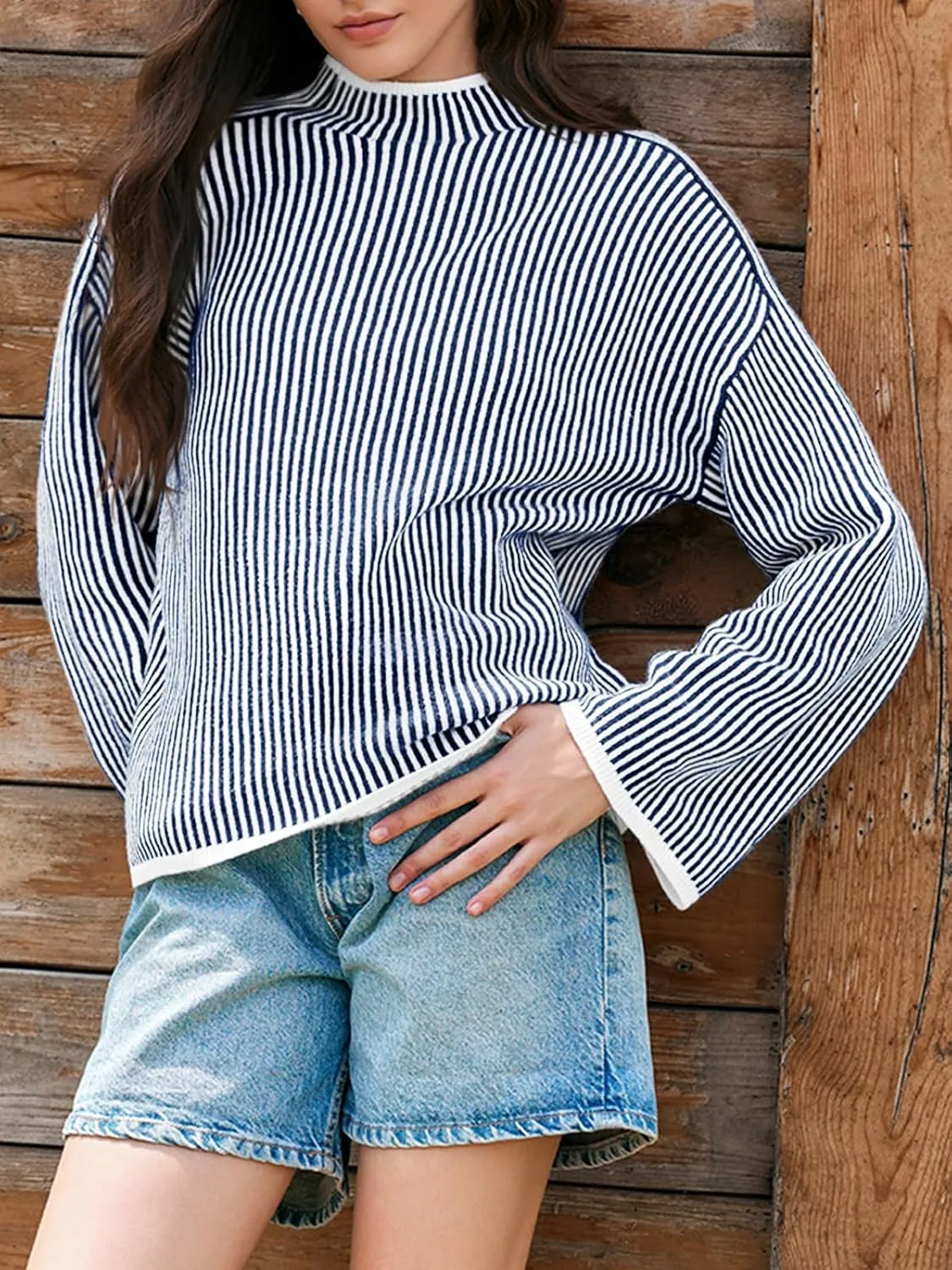 Saodimallsu Womens Striped Sweater Oversized Mock Neck Long Sleeve Trendy Drop Shoulder Pullover Tops