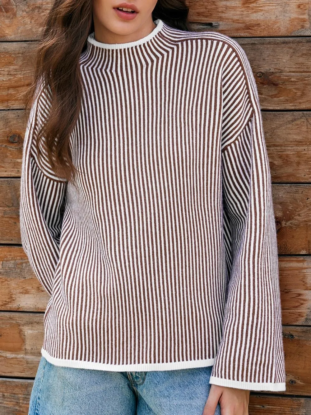 Saodimallsu Womens Striped Sweater Oversized Mock Neck Long Sleeve Trendy Drop Shoulder Pullover Tops