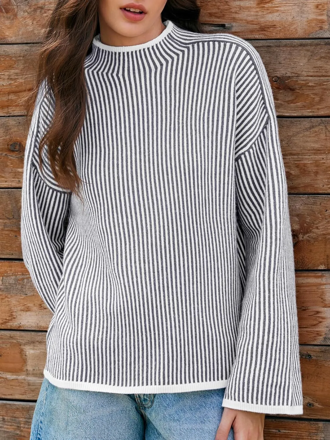 Saodimallsu Womens Striped Sweater Oversized Mock Neck Long Sleeve Trendy Drop Shoulder Pullover Tops
