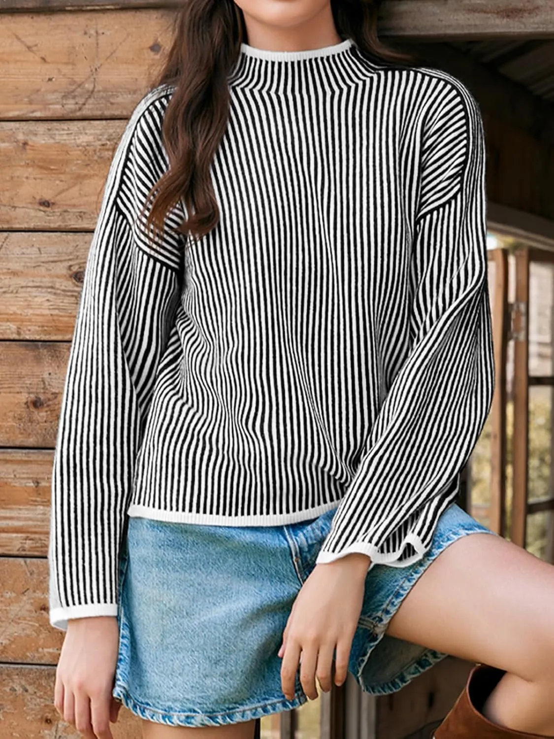 Saodimallsu Womens Striped Sweater Oversized Mock Neck Long Sleeve Trendy Drop Shoulder Pullover Tops