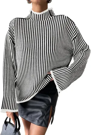 Saodimallsu Womens Striped Sweater Oversized Mock Neck Long Sleeve Trendy Drop Shoulder Pullover Tops