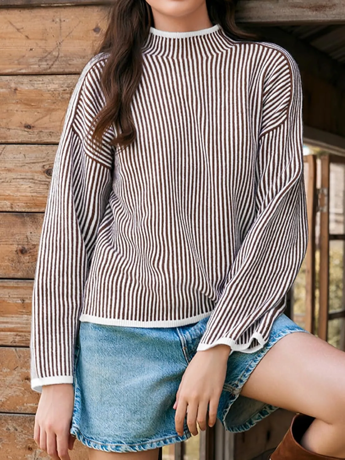 Saodimallsu Womens Striped Sweater Oversized Mock Neck Long Sleeve Trendy Drop Shoulder Pullover Tops
