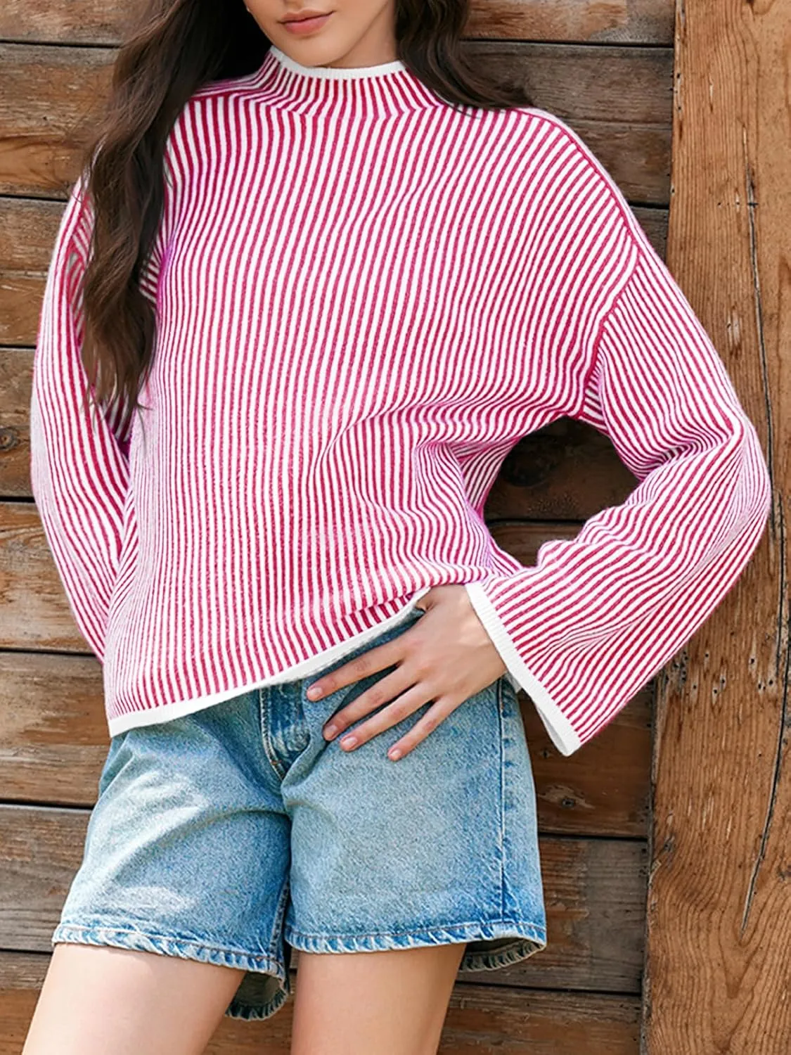 Saodimallsu Womens Striped Sweater Oversized Mock Neck Long Sleeve Trendy Drop Shoulder Pullover Tops