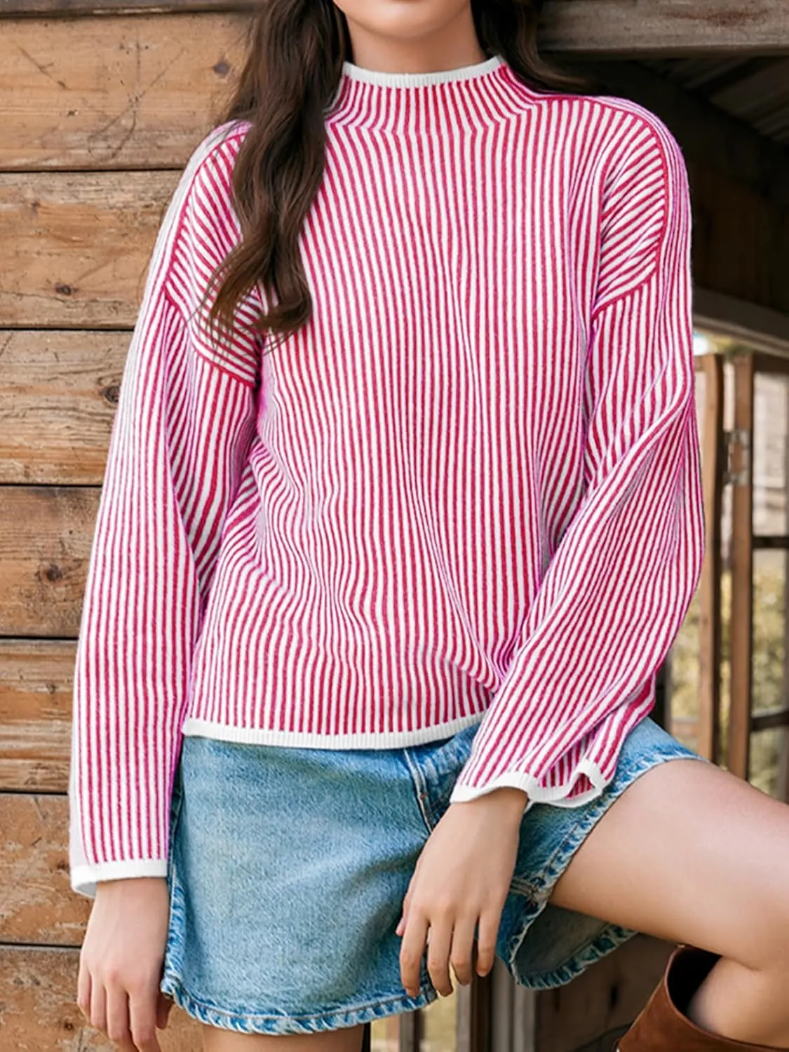 Saodimallsu Womens Striped Sweater Oversized Mock Neck Long Sleeve Trendy Drop Shoulder Pullover Tops