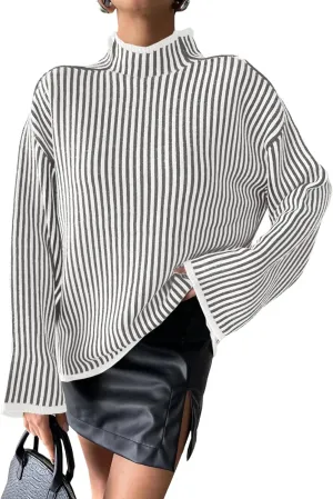 Saodimallsu Womens Striped Sweater Oversized Mock Neck Long Sleeve Trendy Drop Shoulder Pullover Tops