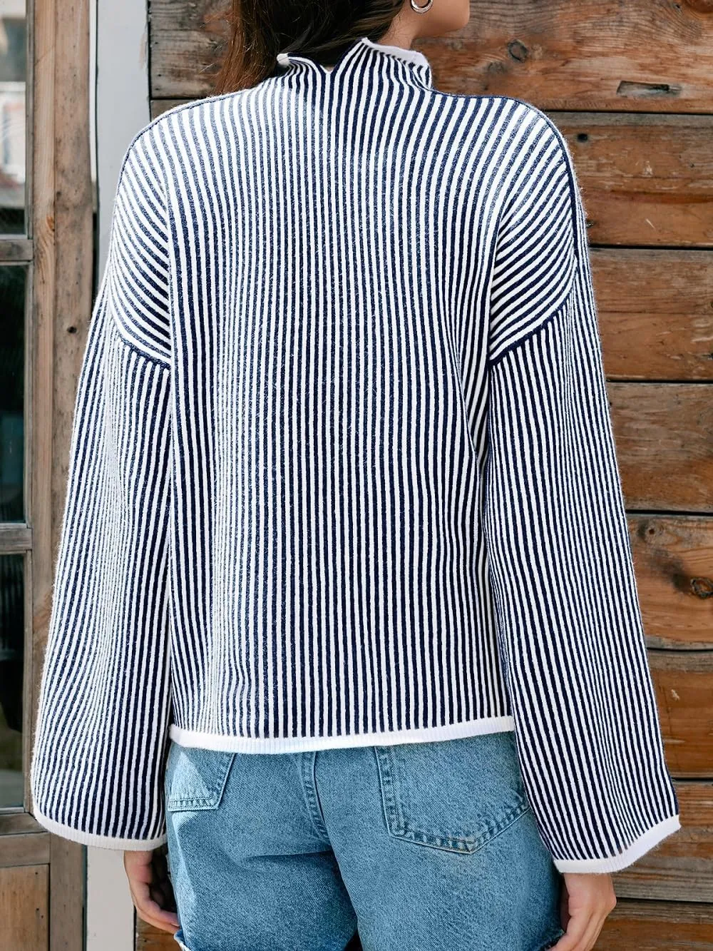 Saodimallsu Womens Striped Sweater Oversized Mock Neck Long Sleeve Trendy Drop Shoulder Pullover Tops